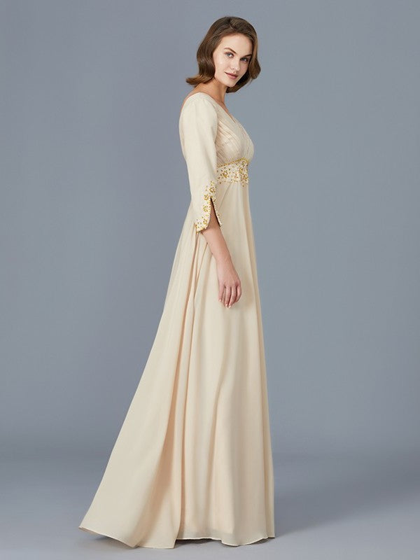 A-Line/Princess V-neck Ruffles Chiffon Floor-Length Mother of the Bride Dresses DFP0007385