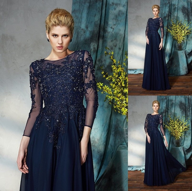 A-Line/Princess Scoop Applique 3/4 Sleeves Long Chiffon Mother of the Bride Dresses DFP0007118