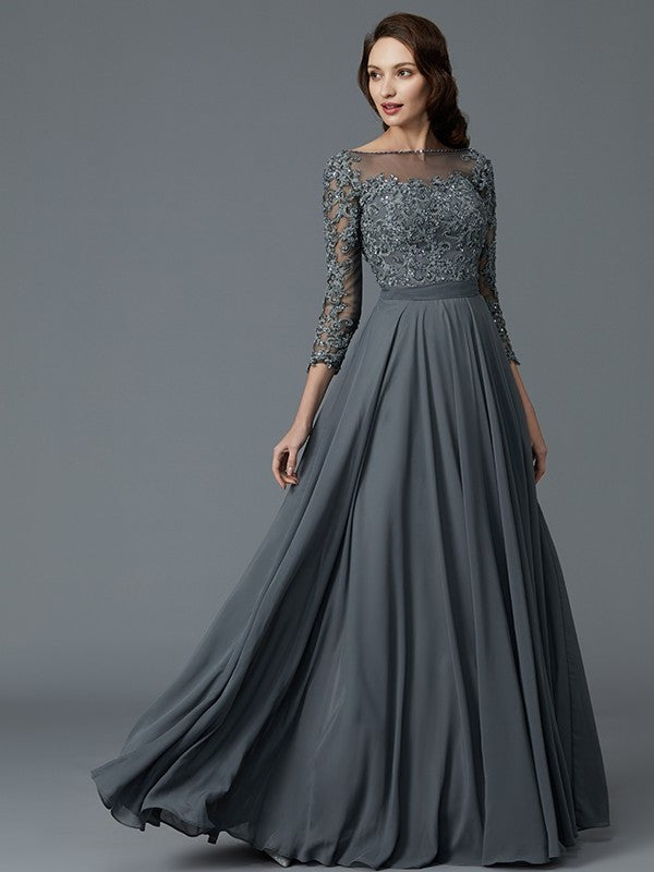 A-Line/Princess 3/4 Sleeves Bateau Floor-Length Chiffon Mother of the Bride Dresses DFP0007092