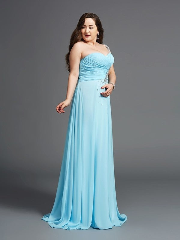 A-Line/Princess One-Shoulder Rhinestone Sleeveless Long Chiffon Plus Size Dresses DFP0004207