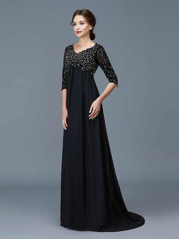 A-Line/Princess V-neck 1/2 Sleeves Beading Chiffon Floor-Length Mother of the Bride Dresses DFP0007218