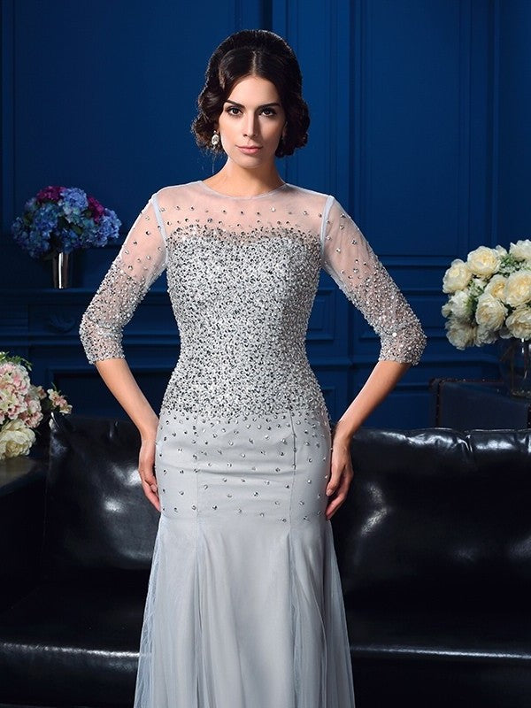 Sheath/Column Scoop Beading 3/4 Sleeves Long Net Mother of the Bride Dresses DFP0007137