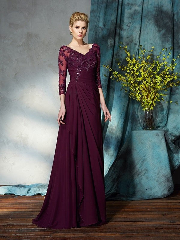 A-Line/Princess V-neck Beading 3/4 Sleeves Long Chiffon Mother of the Bride Dresses DFP0007150