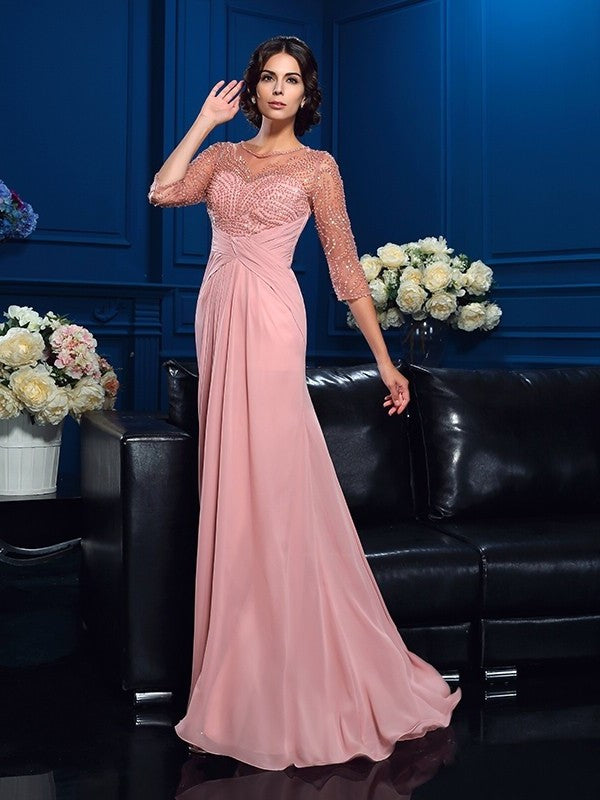 A-Line/Princess Scoop Beading 3/4 Sleeves Long Chiffon Mother of the Bride Dresses DFP0007135