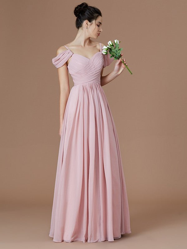 A-Line/Princess Off-the-Shoulder Sleeveless Ruched Floor-Length Chiffon Bridesmaid Dresses DFP0005324