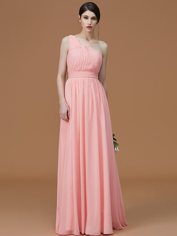 A-Line/Princess One-Shoulder Sleeveless Floor-Length Ruched Chiffon Bridesmaid Dresses DFP0005701