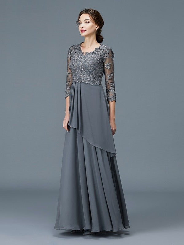 A-Line/Princess V-neck 3/4 Sleeves Ruffles Chiffon Floor-Length Mother of the Bride Dresses DFP0007295