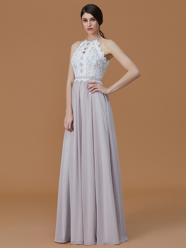 A-Line/Princess Halter Sleeveless Floor-Length Lace Chiffon Bridesmaid Dresses DFP0005137