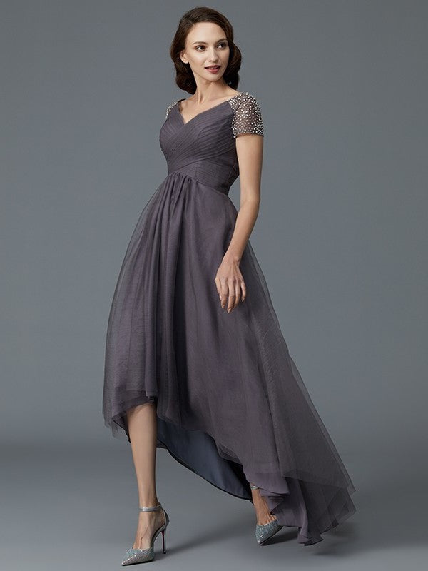 A-Line/Princess V-neck Short Sleeves Asymmetrical Tulle Mother of the Bride Dresses DFP0007098