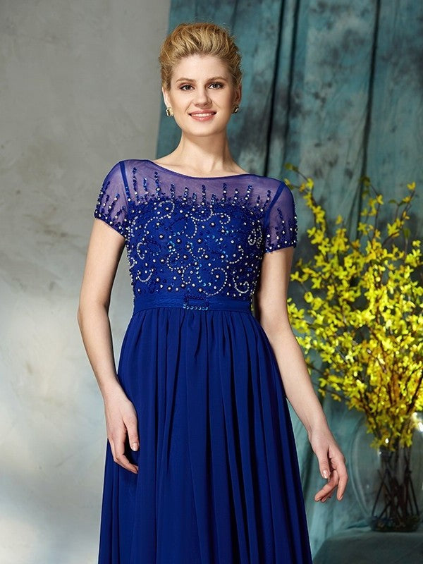 A-Line/Princess Scoop Beading Short Sleeves Long Chiffon Mother of the Bride Dresses DFP0007371