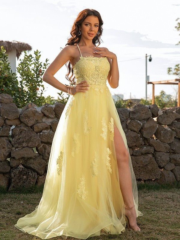 A-Line/Princess Tulle Applique Halter Sleeveless Sweep/Brush Train Dresses DFP0001394