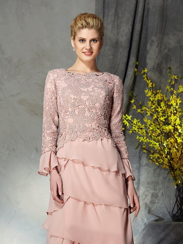 Sheath/Column Scoop Ruffles Long Sleeves Long Chiffon Mother of the Bride Dresses DFP0007282