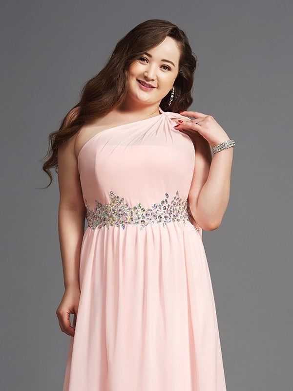 A-Line/Princess One-Shoulder Rhinestone Sleeveless Long Chiffon Plus Size Dresses DFP0002809