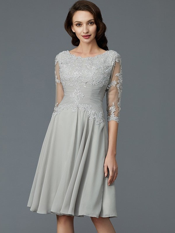 A-Line/Princess 1/2 Sleeves Scoop Knee-Length Applique Chiffon Mother of the Bride Dresses DFP0007299