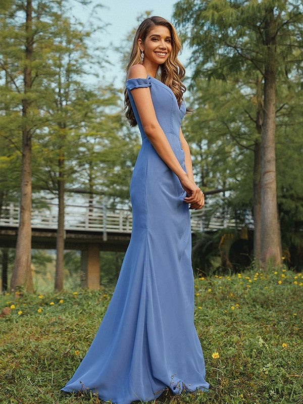 Sheath/Column Chiffon Ruched V-neck Sleeveless Floor-Length Bridesmaid Dresses DFP0005002