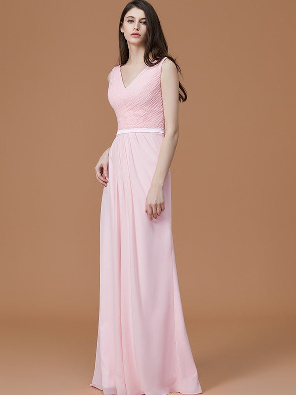 A-Line/Princess V-neck Sleeveless Floor-Length Ruched Chiffon Bridesmaid Dresses DFP0005284