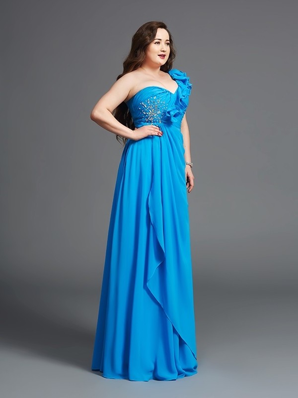 A-Line/Princess One-Shoulder Rhinestone Sleeveless Long Chiffon Plus Size Dresses DFP0004258