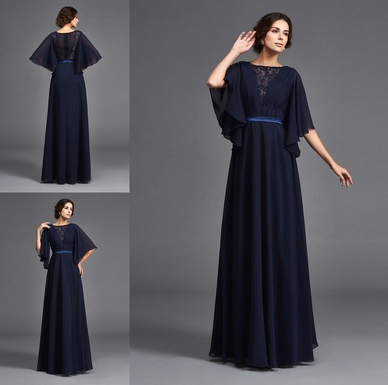 A-Line/Princess Scoop Beading 1/2 Sleeves Long Chiffon Mother of the Bride Dresses DFP0007348