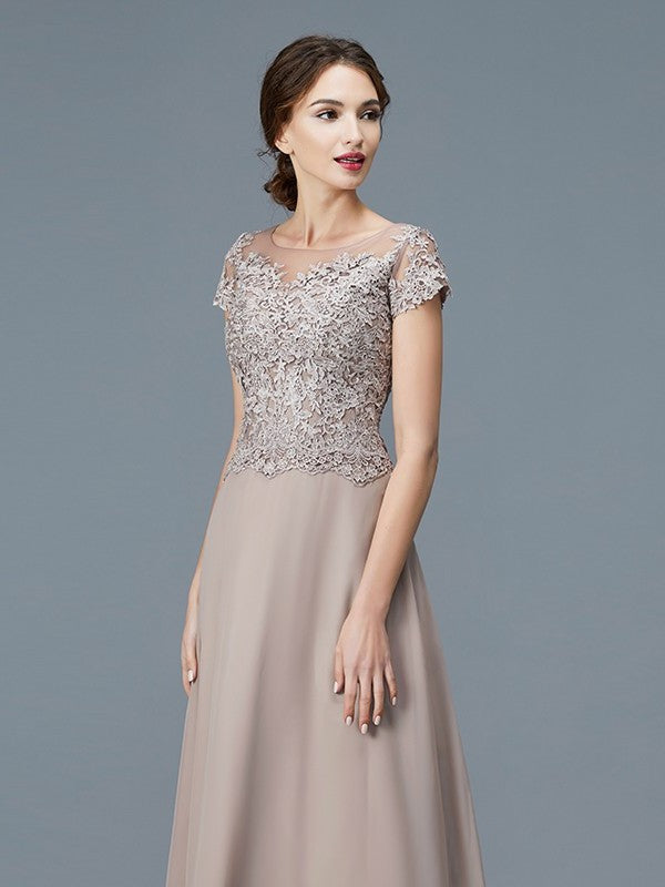 A-Line/Princess Scoop Short Sleeves Applique Floor-Length Chiffon Mother of the Bride Dresses DFP0007275