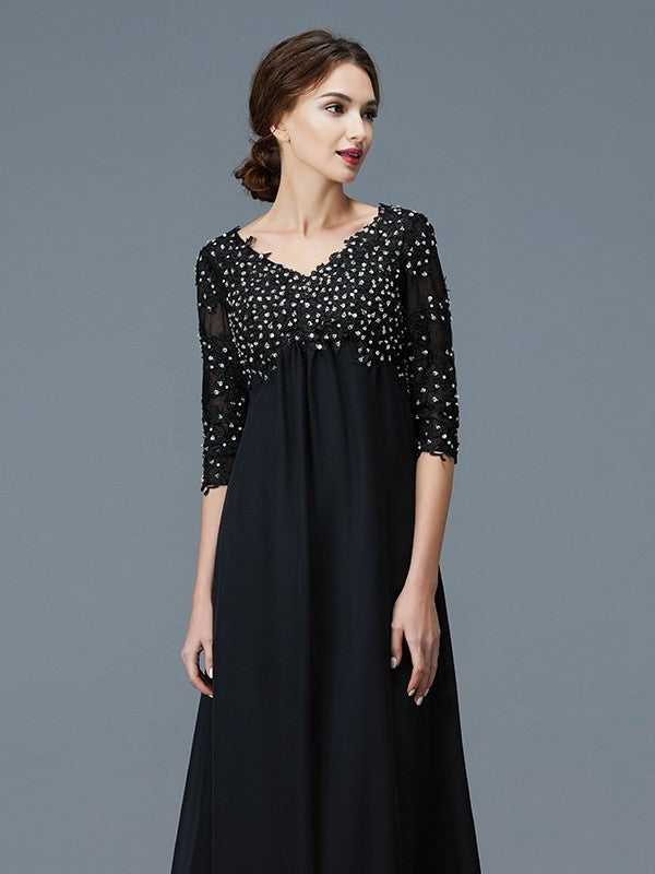 A-Line/Princess V-neck 1/2 Sleeves Beading Chiffon Floor-Length Mother of the Bride Dresses DFP0007218