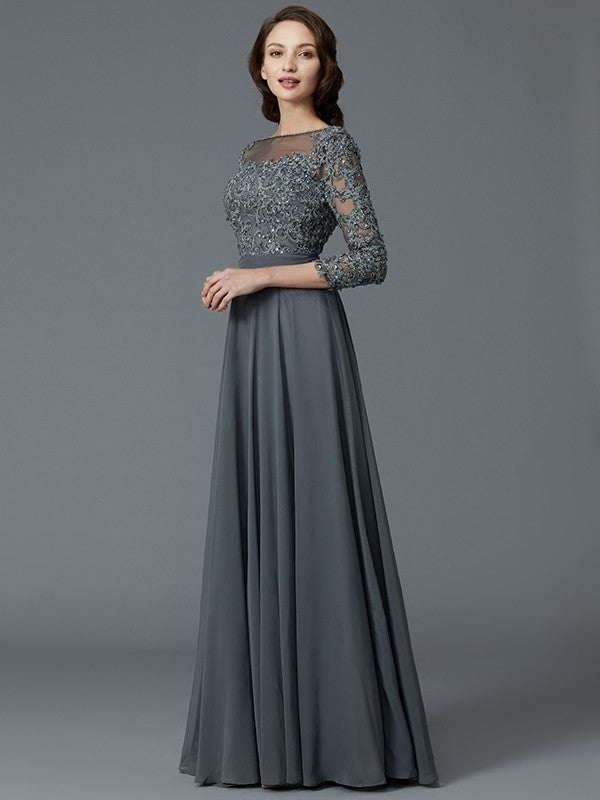 A-Line/Princess 3/4 Sleeves Bateau Floor-Length Chiffon Mother of the Bride Dresses DFP0007092