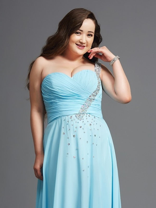 A-Line/Princess One-Shoulder Rhinestone Sleeveless Long Chiffon Plus Size Dresses DFP0004207