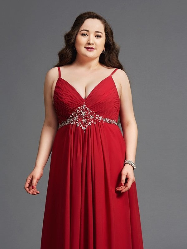 A-Line/Princess Spaghetti Straps Beading Sleeveless Long Chiffon Plus Size Dresses DFP0002460