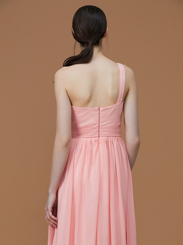 A-Line/Princess One-Shoulder Sleeveless Floor-Length Ruched Chiffon Bridesmaid Dresses DFP0005701