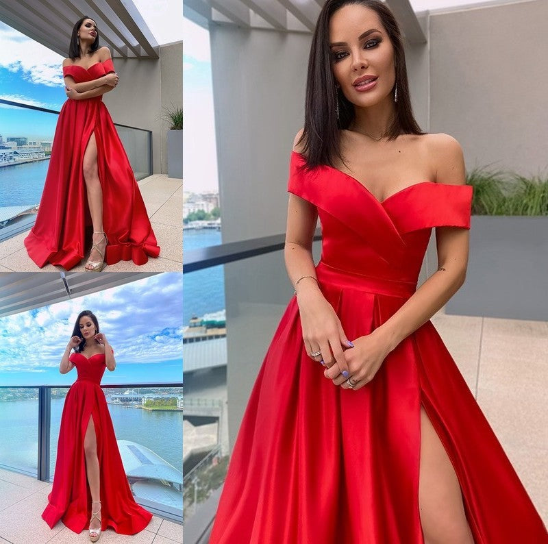 A-Line/Princess Sleeveless Off-the-Shoulder Satin Ruffles Sweep/Brush Train Dresses DFP0001373