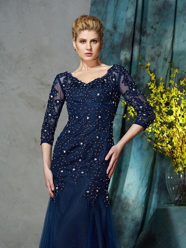 Sheath/Column V-neck Applique 3/4 Sleeves Long Net Mother of the Bride Dresses DFP0007185