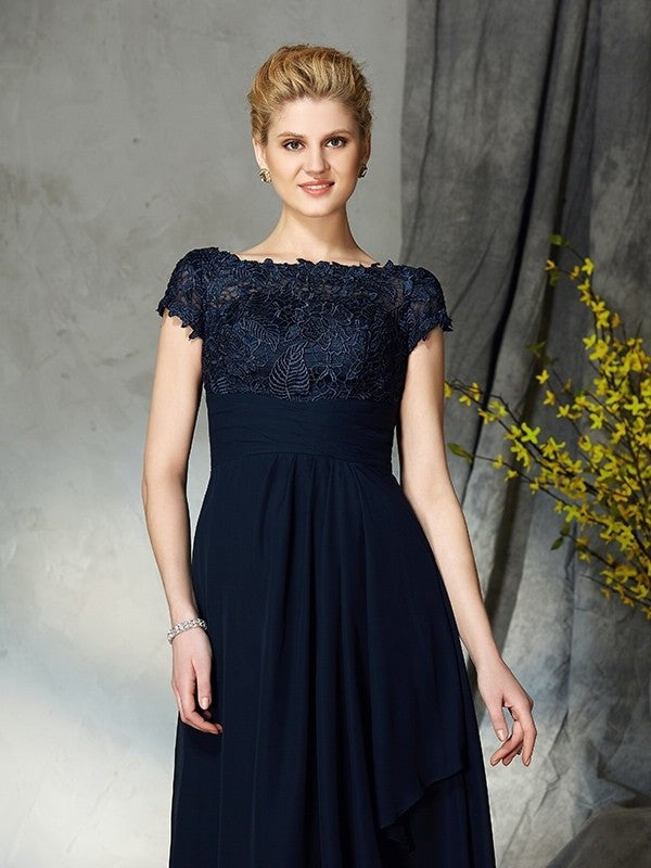 A-Line/Princess Bateau Applique Short Sleeves Long Chiffon Mother of the Bride Dresses DFP0007264