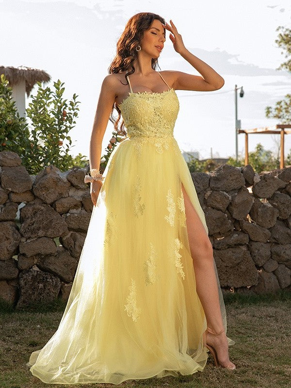 A-Line/Princess Tulle Applique Halter Sleeveless Sweep/Brush Train Dresses DFP0001394