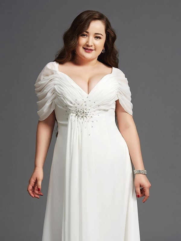 A-Line/Princess Off-the-Shoulder Ruched Short Sleeves Long Chiffon Plus Size Dresses DFP0001920