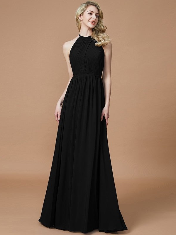 A-Line/Princess Scoop Chiffon Sleeveless Floor-Length Bridesmaid Dresses DFP0005455