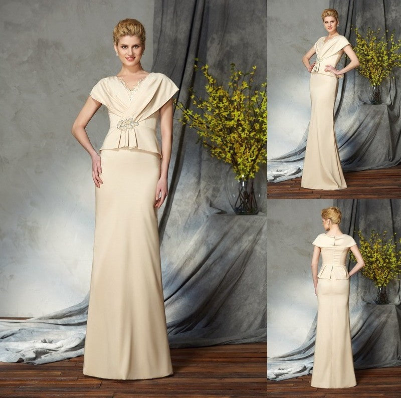 Sheath/Column V-neck Beading Short Sleeves Long Silk like Satin Mother of the Bride Dresses DFP0007271