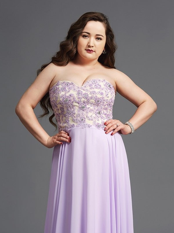 A-Line/Princess Sweetheart Lace Sleeveless Long Chiffon Plus Size Dresses DFP0003605