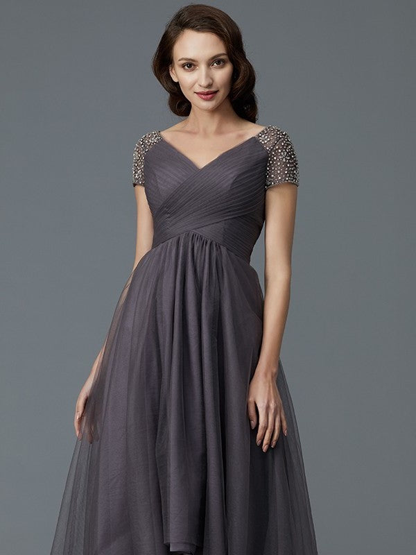 A-Line/Princess V-neck Short Sleeves Asymmetrical Tulle Mother of the Bride Dresses DFP0007098