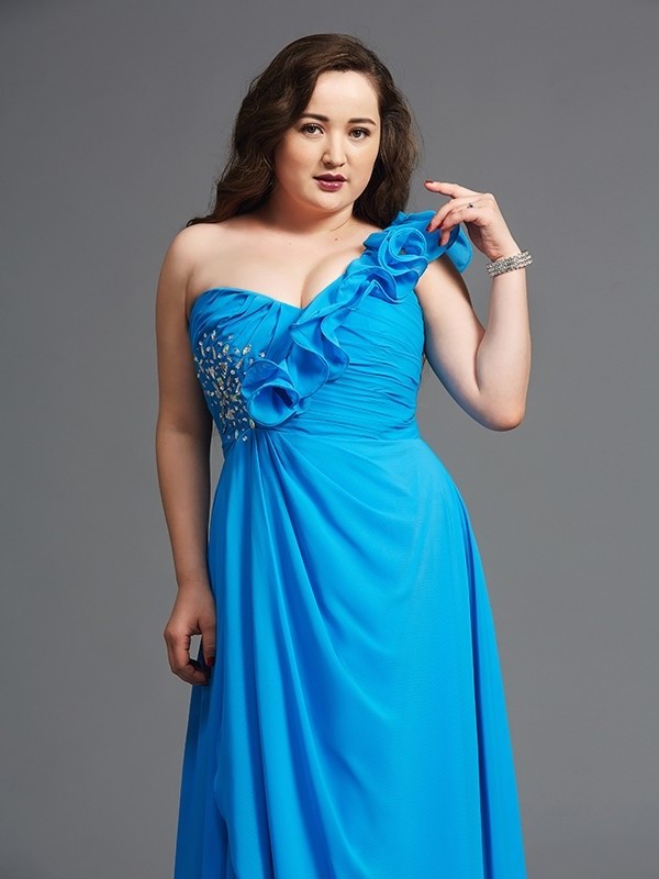 A-Line/Princess One-Shoulder Rhinestone Sleeveless Long Chiffon Plus Size Dresses DFP0004258