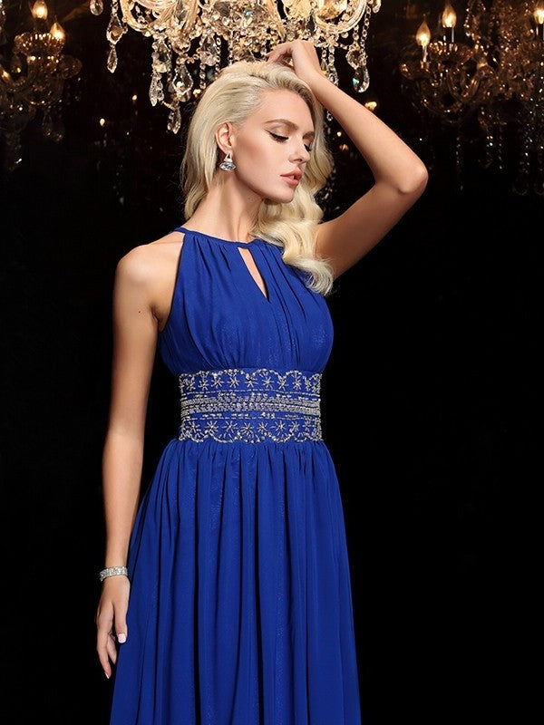 A-line/Princess Jewel Beading Sleeveless Long Chiffon Dresses DFP0003108