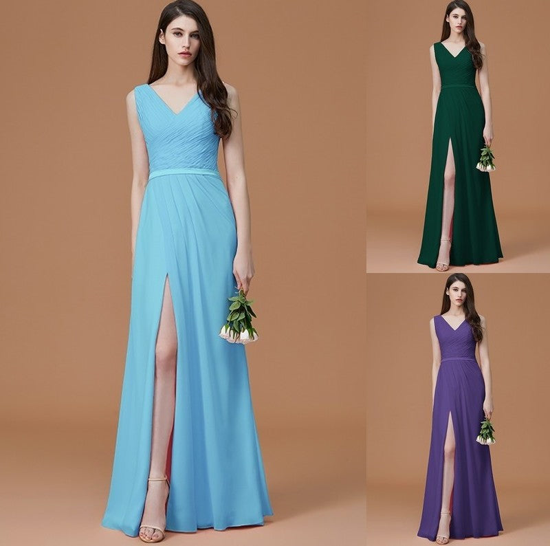 A-Line/Princess V-neck Sleeveless Floor-Length Ruched Chiffon Bridesmaid Dresses DFP0005284