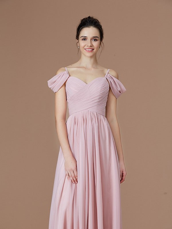 A-Line/Princess Off-the-Shoulder Sleeveless Ruched Floor-Length Chiffon Bridesmaid Dresses DFP0005324