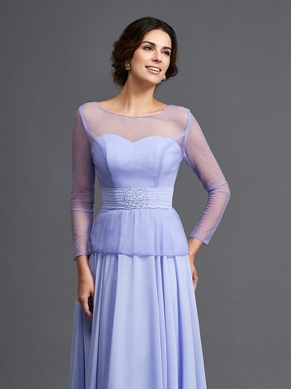 A-Line/Princess Scoop Ruffles Long Sleeves Long Chiffon Mother of the Bride Dresses DFP0007445