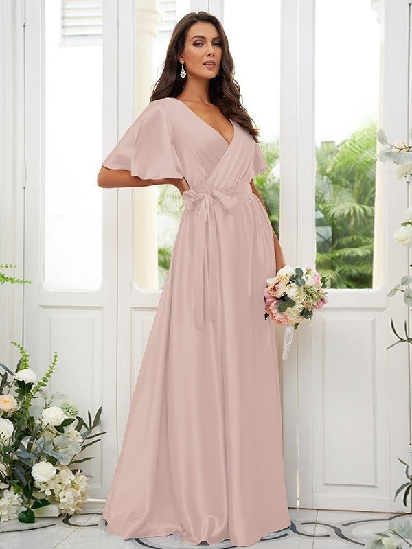 A-Line/Princess Silk like Satin Sash/Ribbon/Belt V-neck Short Sleeves Floor-Length Bridesmaid Dresses DFP0004897