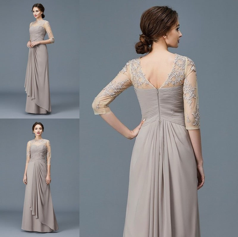 A-Line/Princess Sheer Neck 3/4 Sleeves Ruffles Chiffon Floor-Length Mother of the Bride Dresses DFP0007219