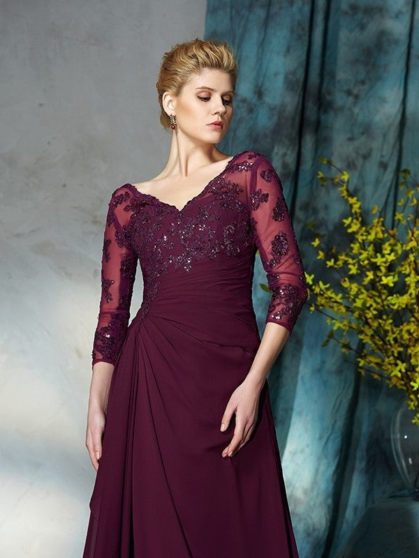 A-Line/Princess V-neck Beading 3/4 Sleeves Long Chiffon Mother of the Bride Dresses DFP0007150