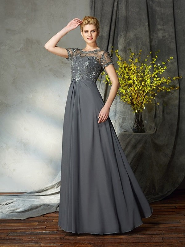 A-Line/Princess Scoop Applique Short Sleeves Long Chiffon Mother of the Bride Dresses DFP0007108