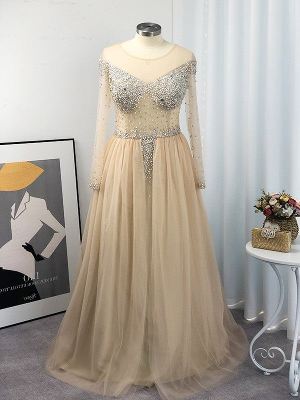 Ball Gown Tulle Long Sleeves Off-the-Shoulder Sequin Floor-Length Plus Size Dresses DFP0004597