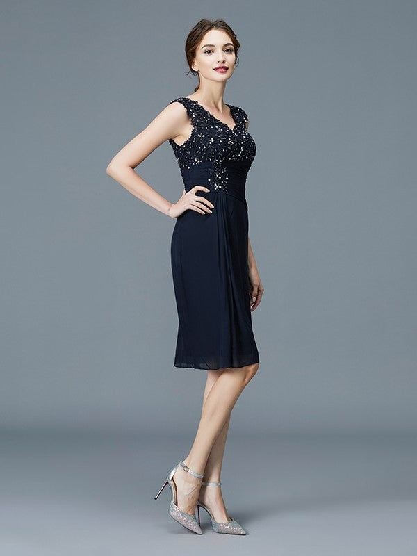 Sheath/Column V-neck Ruffles Chiffon Sleeveless Knee-Length Mother of the Bride Dresses DFP0007325