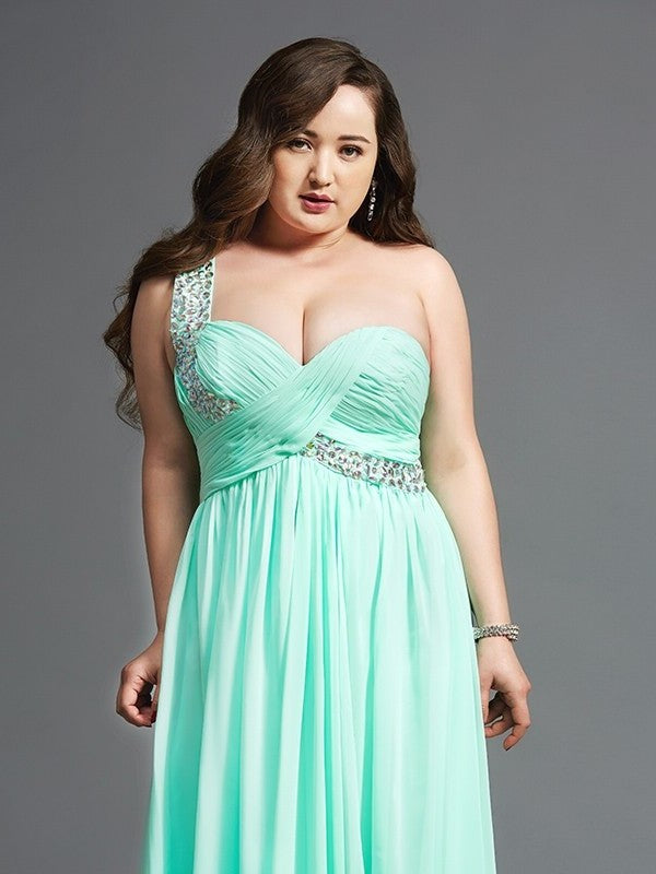 A-Line/Princess One-Shoulder Rhinestone Sleeveless Long Chiffon Plus Size Dresses DFP0003742