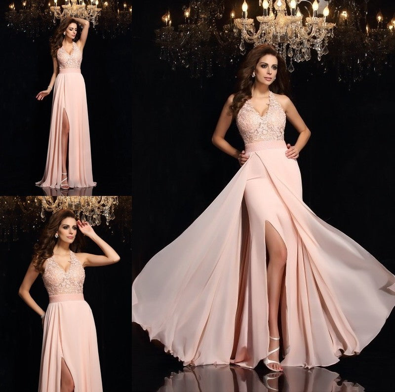 A-Line/Princess Halter Lace Sleeveless Long Chiffon Dresses DFP0001882